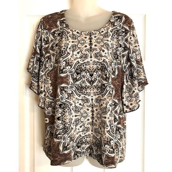 JM Collection Printed Blouse with Flutter Sleeves - Picture 1 of 8